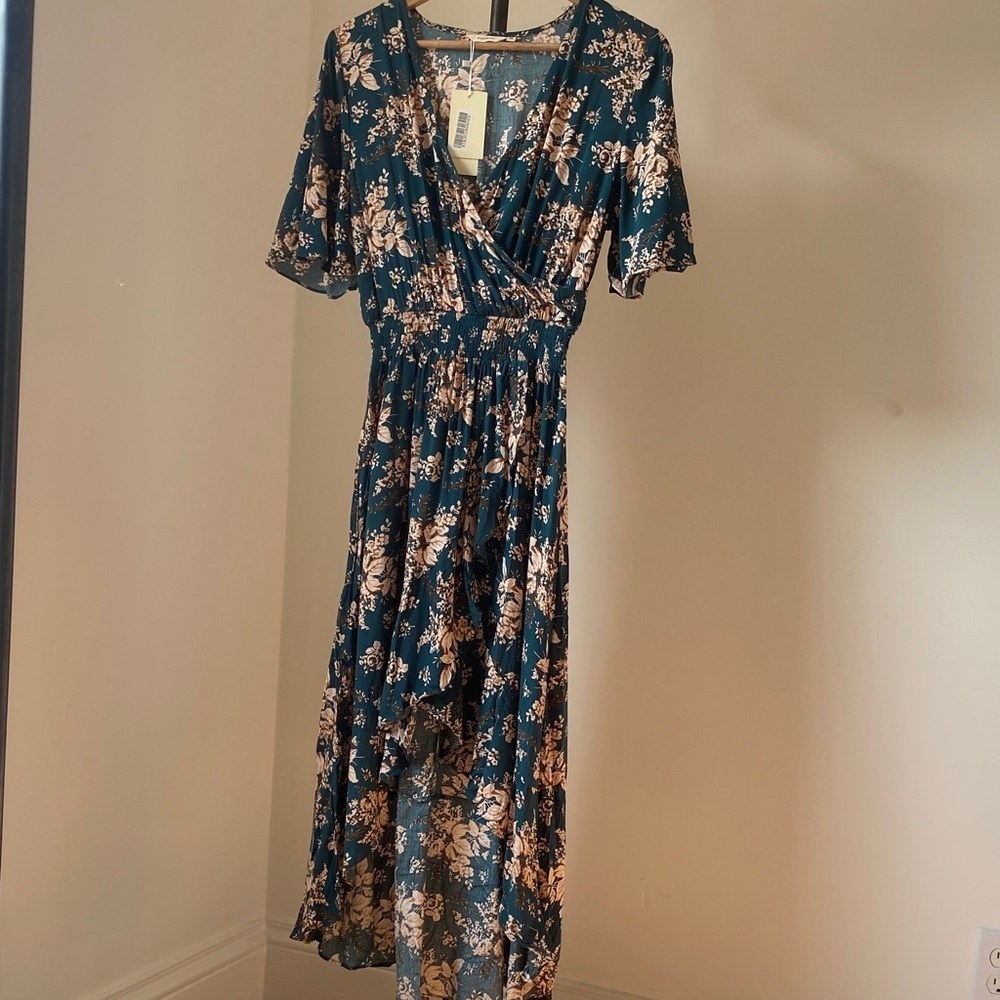 Floral High-Low Dress in Green and Beige